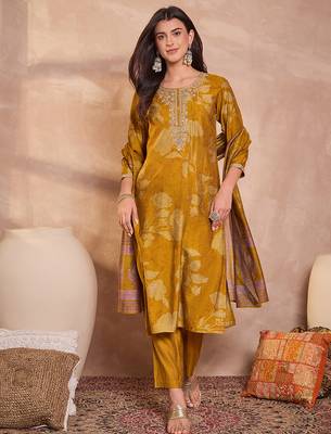 Women mustard silk blend floral printed straight kurta trouser with dupatta 1
