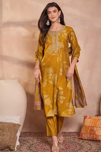 Women mustard silk blend floral printed straight kurta trouser with dupatta