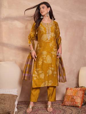 Women mustard silk blend floral printed straight kurta trouser with dupatta 2
