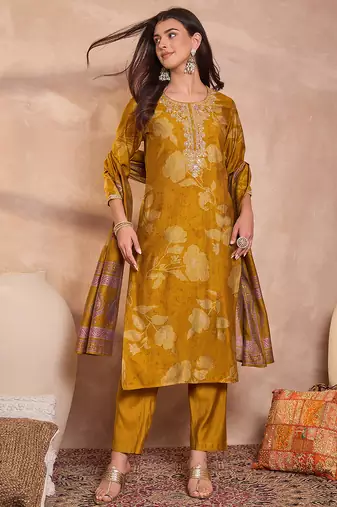 Women mustard silk blend floral printed straight kurta trouser with dupatta