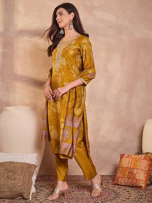 Women mustard silk blend floral printed straight kurta trouser with dupatta 3