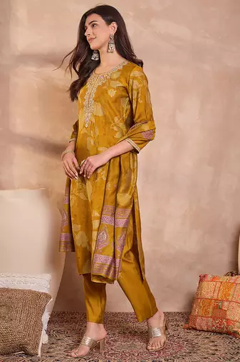 Women mustard silk blend floral printed straight kurta trouser with dupatta