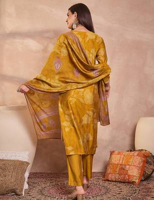Women mustard silk blend floral printed straight kurta trouser with dupatta 4