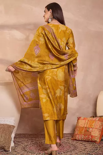 Women mustard silk blend floral printed straight kurta trouser with dupatta