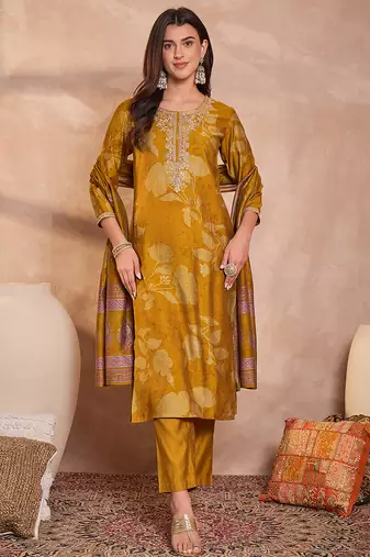 Women mustard silk blend floral printed straight kurta trouser with dupatta