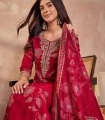 Women pink silk blend floral printed straight kurta trouser with dupatta