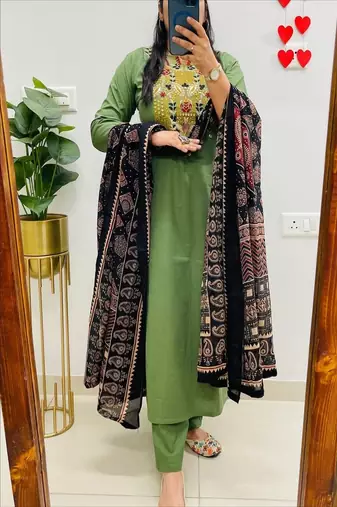 Floral embroidered pure cotton round neck green kurta trouser & dupatta set
