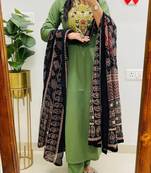 Floral embroidered pure cotton round neck green kurta trouser & dupatta set
