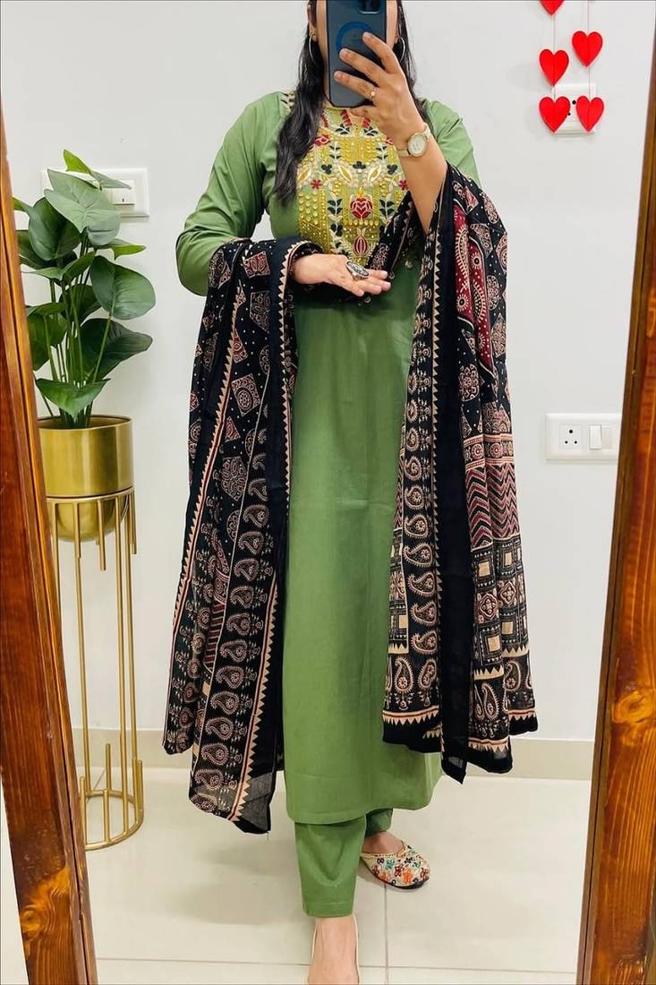 Floral embroidered pure cotton round neck green kurta trouser & dupatta set