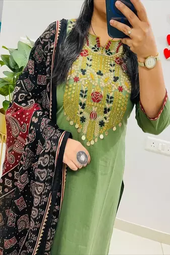 Floral embroidered pure cotton round neck green kurta trouser & dupatta set
