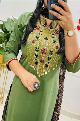 Floral embroidered pure cotton round neck green kurta trouser & dupatta set
