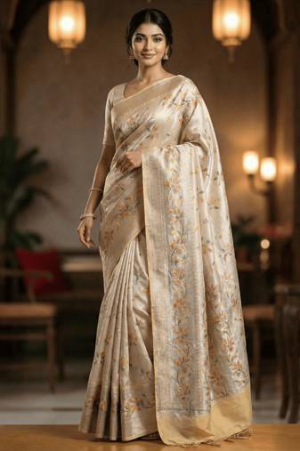 Banarasi puresilk khaddi georgette tissue saree in yellow color with  minakari work