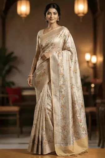 Banarasi puresilk khaddi georgette tissue saree in yellow color with  minakari work