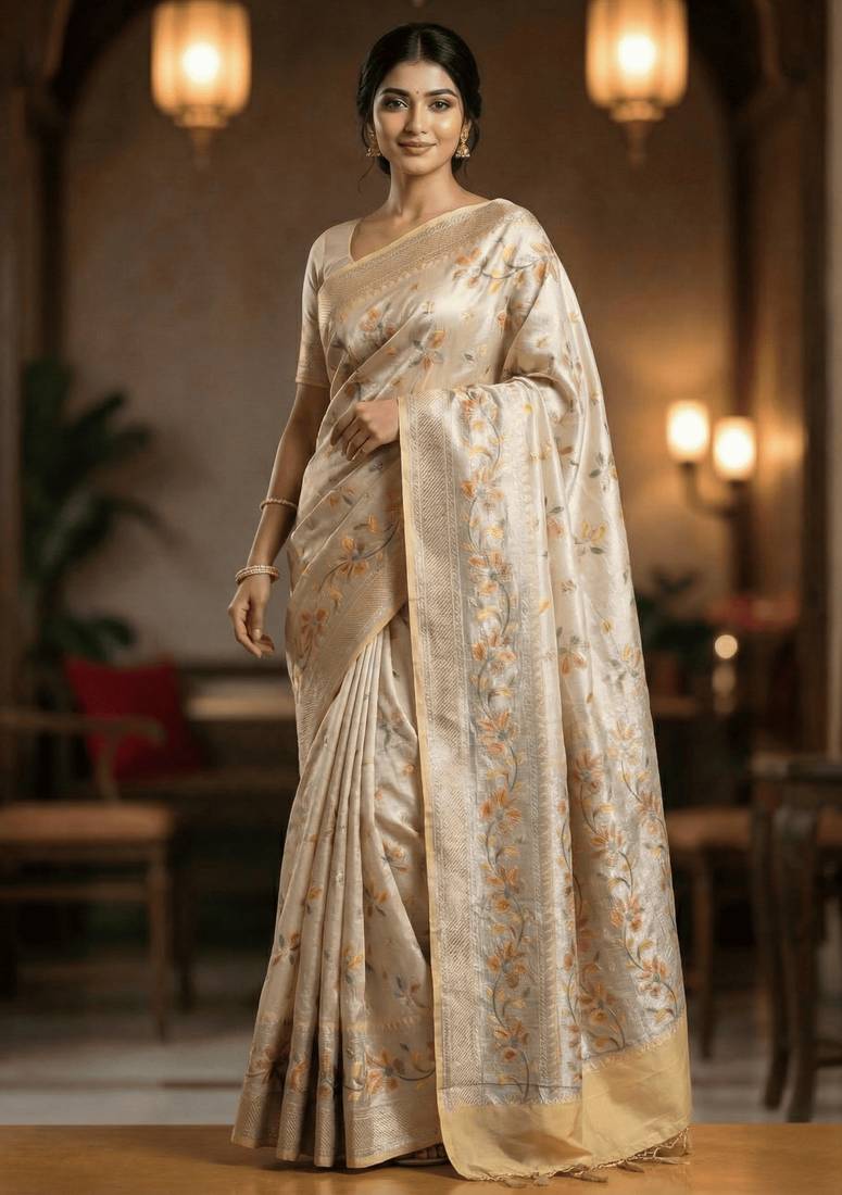 Banarasi puresilk khaddi georgette tissue saree in yellow color with  minakari work