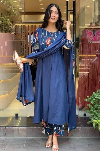 Floral embroidered pure cotton round neck blue kurta trouser & dupatta set