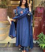 Floral embroidered pure cotton round neck blue kurta trouser & dupatta set
