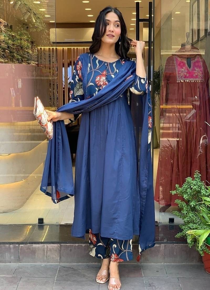 Floral embroidered pure cotton round neck blue kurta trouser & dupatta set