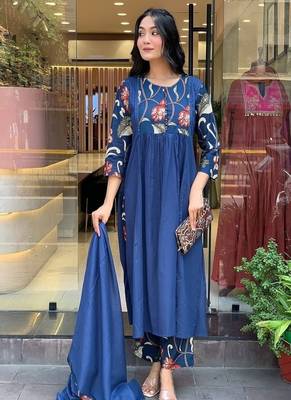 Floral embroidered  cotton round neck blue kurta trouser & dupatta set 2