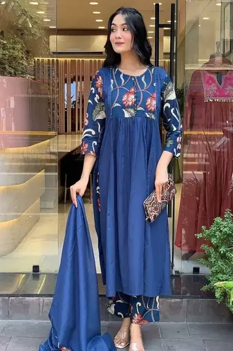 Floral embroidered pure cotton round neck blue kurta trouser & dupatta set