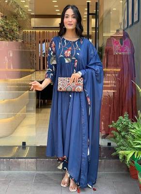 Floral embroidered  cotton round neck blue kurta trouser & dupatta set 3
