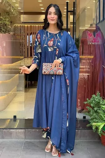 Floral embroidered pure cotton round neck blue kurta trouser & dupatta set