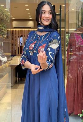 Floral embroidered  cotton round neck blue kurta trouser & dupatta set 4