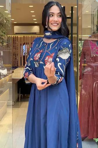 Floral embroidered pure cotton round neck blue kurta trouser & dupatta set