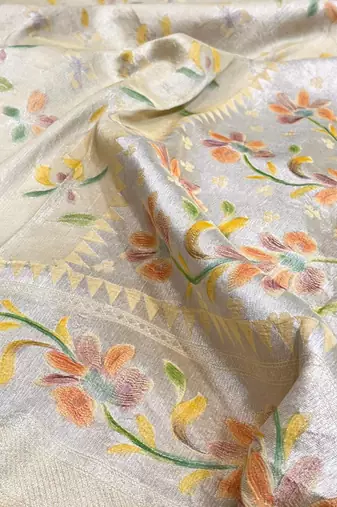 Banarasi puresilk khaddi georgette tissue saree in yellow color with  minakari work