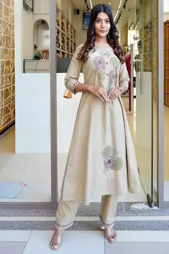 Floral embroidered pure cotton round neck beige kurta & trouser set