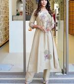 Floral embroidered pure cotton round neck beige kurta & trouser set