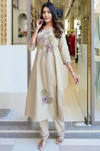 Floral embroidered pure cotton round neck beige kurta & trouser set