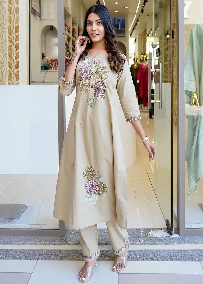 Floral embroidered pure cotton round neck beige kurta & trouser set