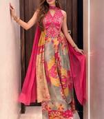 Floral embroidered chinon v neck pink kurta trouser & dupatta set