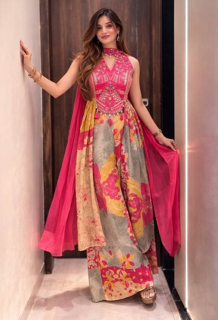 Floral embroidered chinon v neck pink kurta trouser & dupatta set