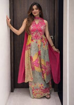 Floral embroidered chinon v neck pink kurta trouser & dupatta set 2