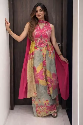 Floral embroidered chinon v neck pink kurta trouser & dupatta set