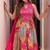 Floral embroidered chinon v neck pink kurta trouser & dupatta set