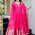 Floral embroidered silk v neck pink kurta trouser & dupatta set