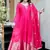 Floral embroidered silk blend v neck pink kurta trouser & dupatta set