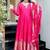 Floral embroidered silk v neck pink kurta trouser & dupatta set