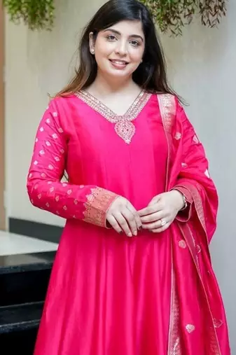Floral embroidered silk blend v neck pink kurta trouser & dupatta set