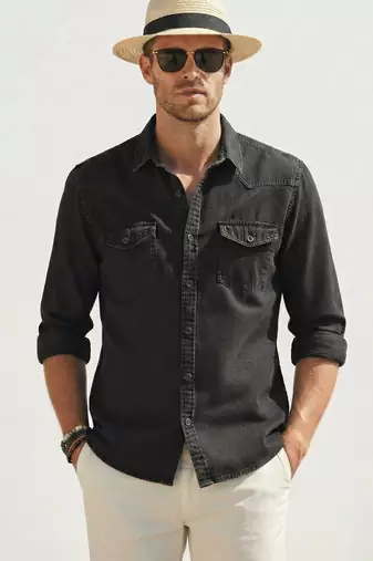 Men's solid black denim casual shirt with dual flap pockets | regular fit | full sleeve stylish denim shirt