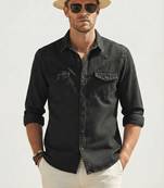 black denim casual shirt for men with dual flap pockets