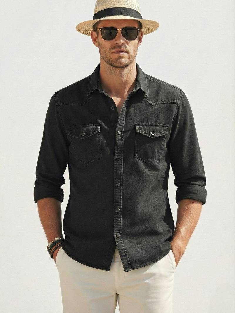 black denim casual shirt for men with dual flap pockets