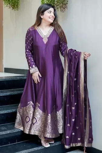 Floral embroidered silk v neck blue kurta trouser & dupatta set