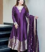 Floral embroidered silk v neck blue kurta trouser & dupatta set