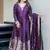 Floral embroidered silk blend v neck blue kurta trouser & dupatta set