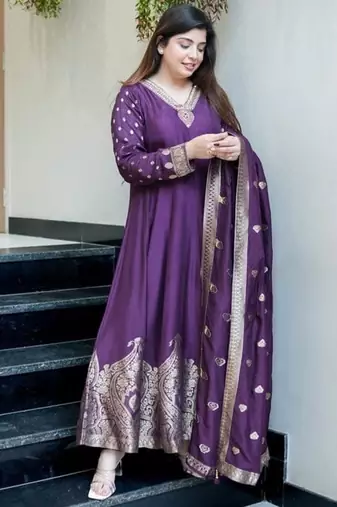 Floral embroidered silk blend v neck blue kurta trouser & dupatta set