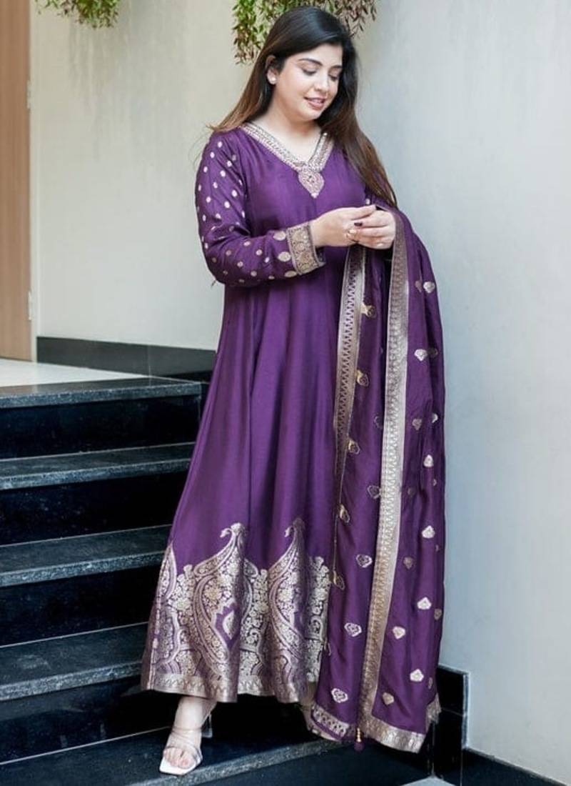 Floral embroidered silk v neck blue kurta trouser & dupatta set