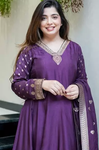 Floral embroidered silk blend v neck blue kurta trouser & dupatta set